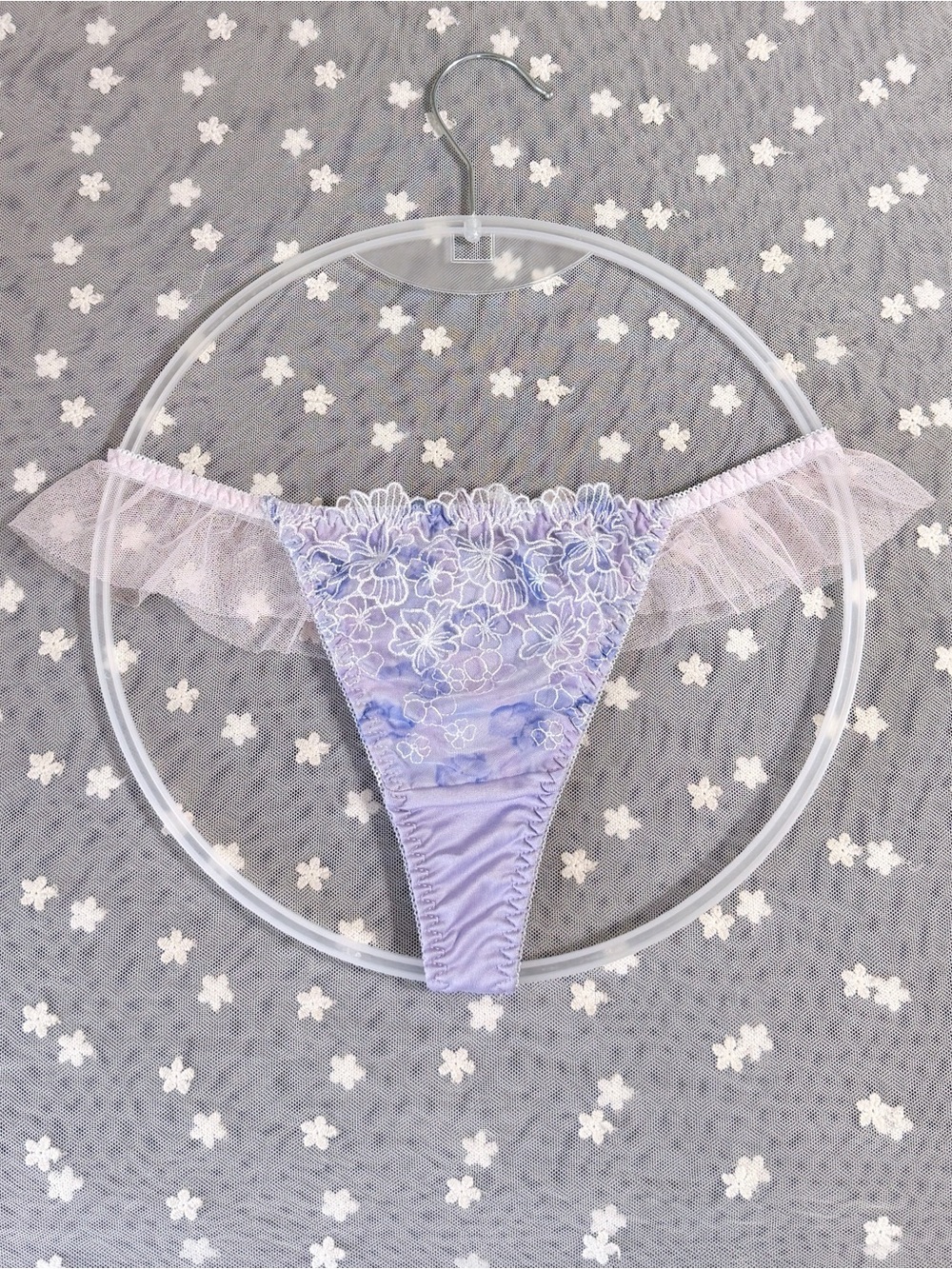 US-S/JP-L Japanese Brand Glittery Floral Embroidery Lace Ruffle Nylon Thong